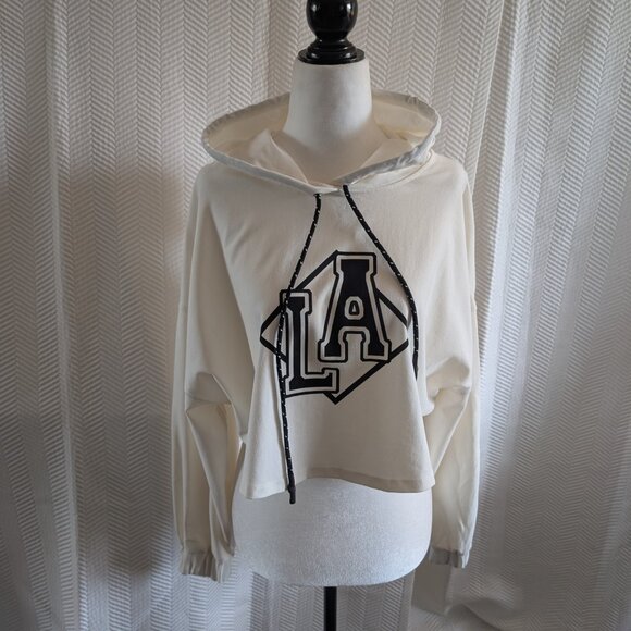 Zara LA Graphic Cropped Hoodie Off-White Cream & Black Size Large Streetwear - Picture 2 of 14